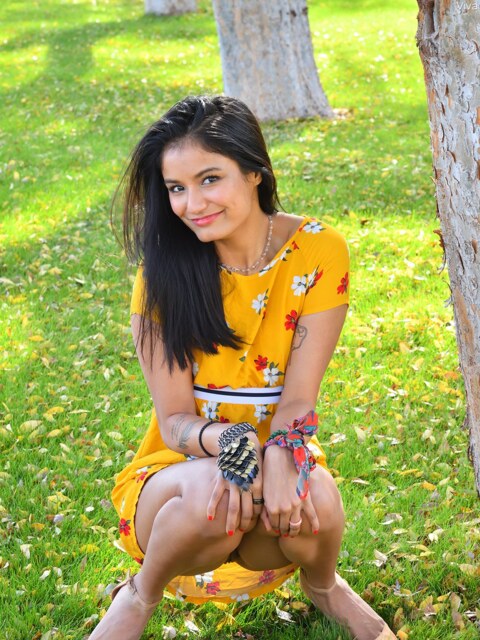 Viva Athena Flashing Pussy In A Yellow Floral Dress Outdoors 2