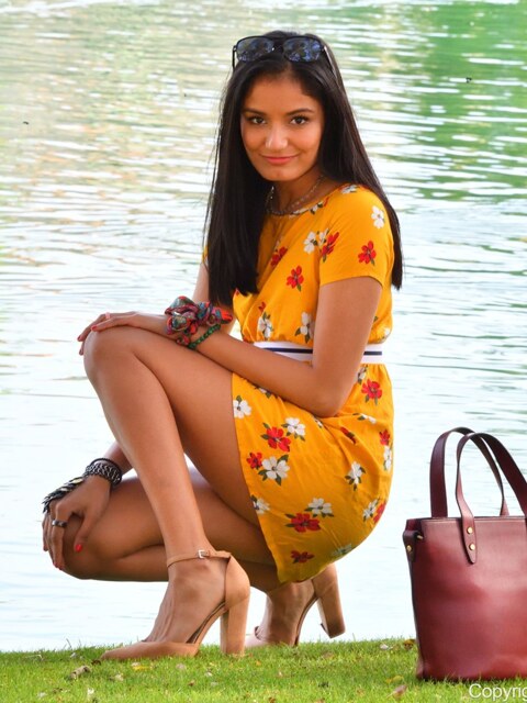Viva Athena Flashing Pussy In A Yellow Floral Dress Outdoors 4