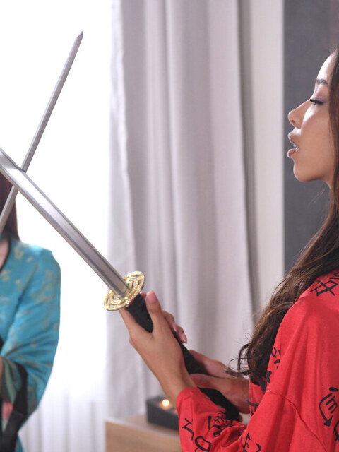 April Maxima In Kimono Katana Play And Oiled Threesome 6