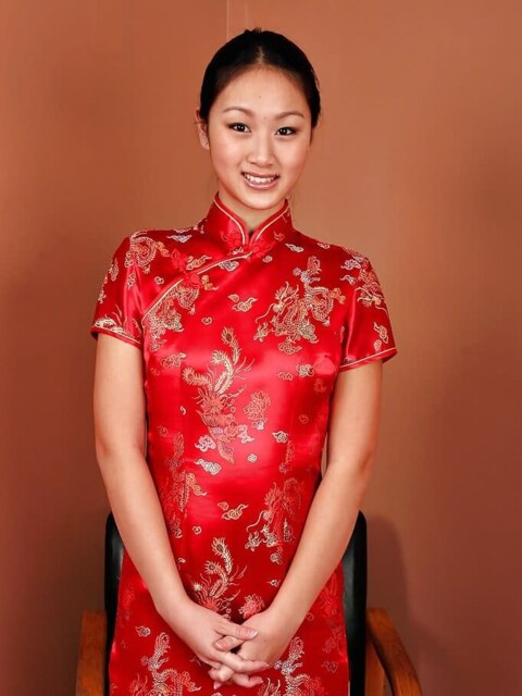 Red Cheongsam Strip And Pussy Spread From Evelyn Lin