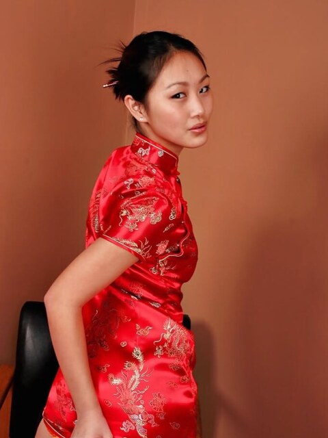 Red Cheongsam Strip And Pussy Spread From Evelyn Lin 5