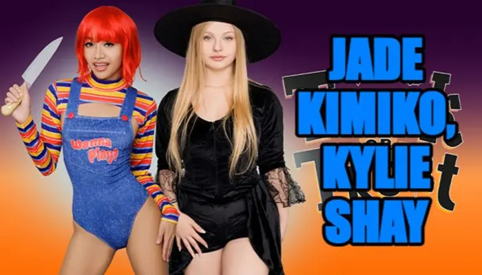 Jade Kimiko And Blonde Bestie Share Stepdad's Cock In Halloween Threesome
